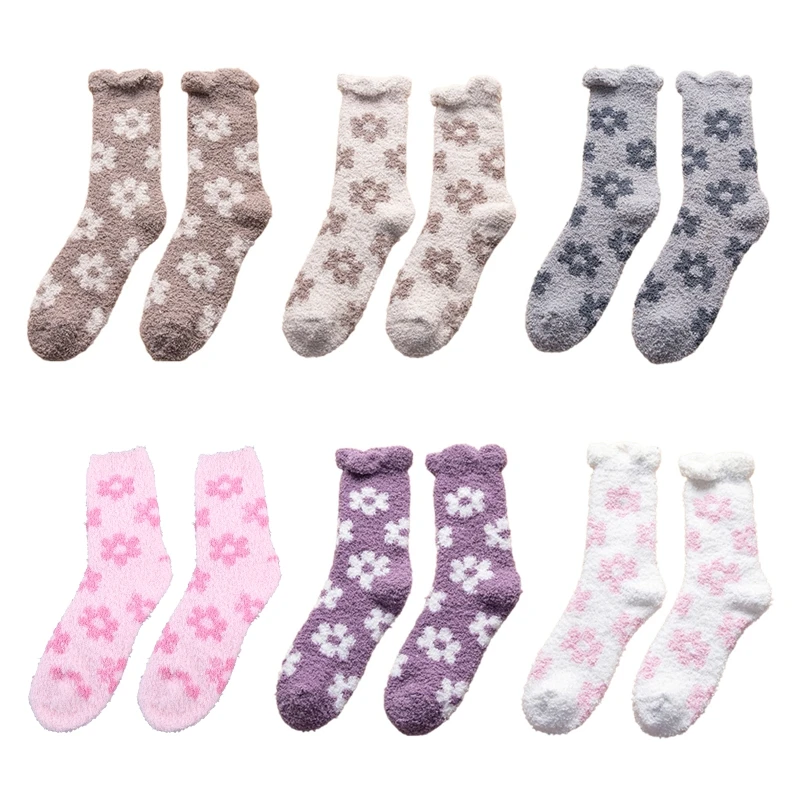 

Women Winter Coral Fuzzy Slipper Socks Sweet Floral Jacquard Solid Color Microfiber Cozy Warm Sleeping Hosiery