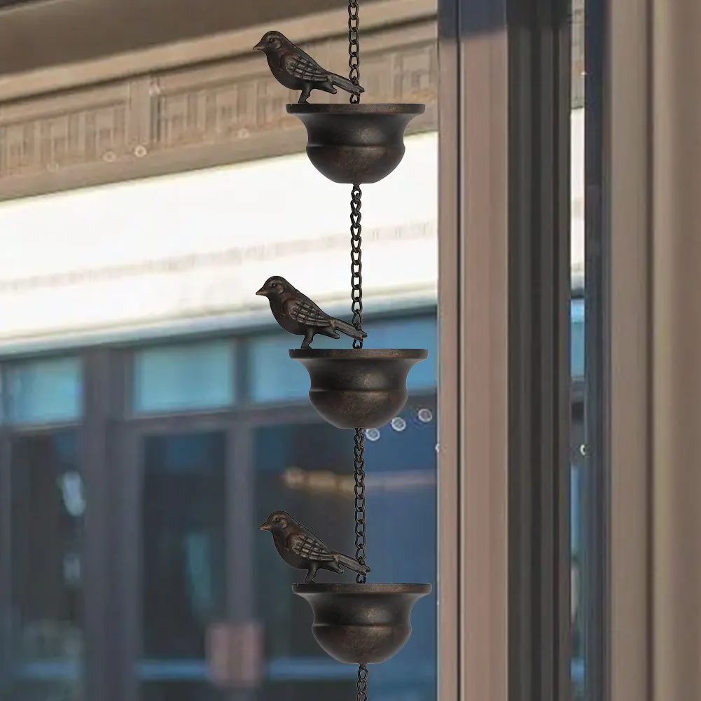 Creative Birds On Cups Metal Rain Chain Rain Catcher Chain Mobile Bronze Decorative Bird Rainwater Garden Display Pendant