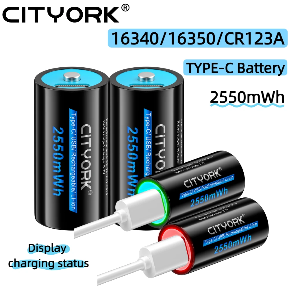 CITYORK CR123A batterie 2550mWh 3.7V Rechargeable Li-ion 16340 Batteries 16350 RCR123 batterie pour lampe de poche LED + câble USB type-c