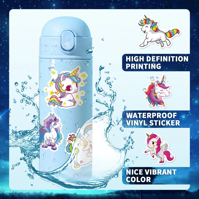 50 Pcs Cute Unicorn Waterproof Vinyl Sticker, Cartoon Graffiti Unicorn Sticker Pack for Bike Skateboard Luggage, DIY