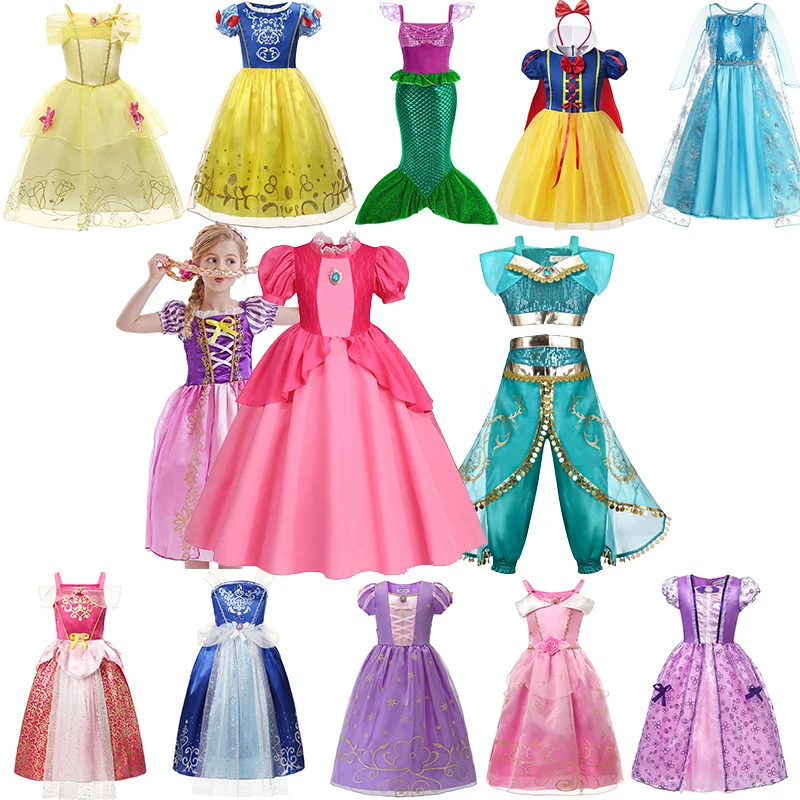 Disney Princess Dress For Girls Cosplay Cenerentola Snow White Aurora Rapunzel Halloween Costume Bambini Festa Di Compleanno Vestiti