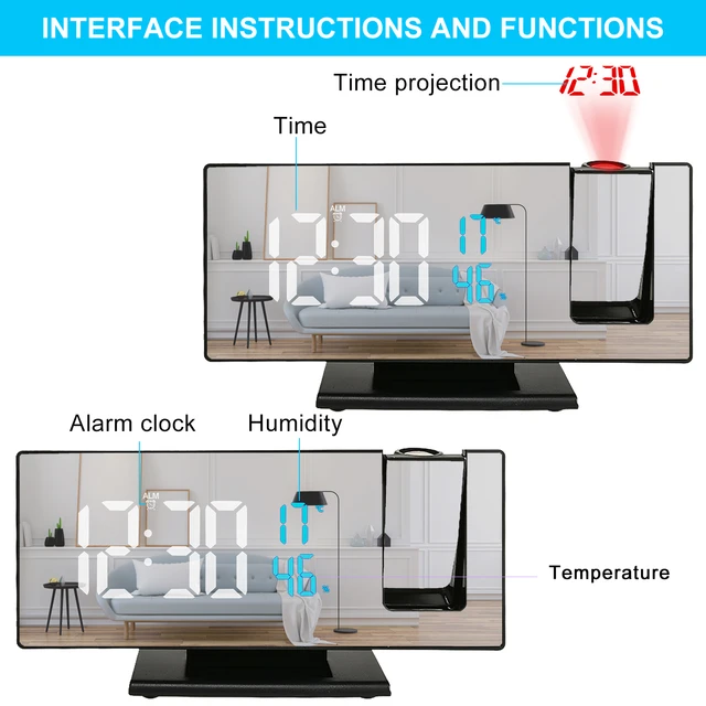 MICLOCK New 3D Projection Alarm Clock Snooze Larger LED Mirror Clock Display Temperature Auto Brightness Bedroom Bedside Clock 5