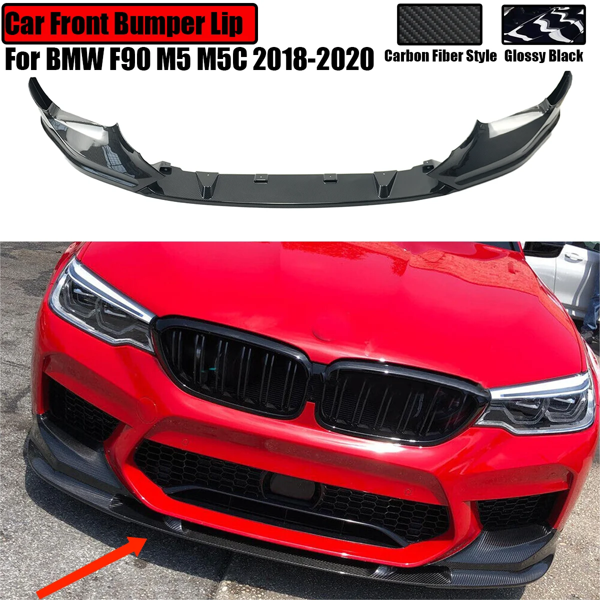 

Car Front Bumper Lip Spoiler Side Splitter Diffuser Guard Trim Glossy Black Carbon Fiber Look For BMW F90 M5 M5C 2018-2020