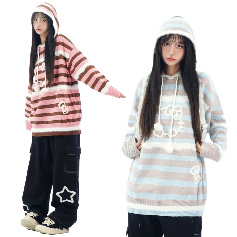 kawaii-hellokitty-y2k-sanrios-cartoon-sweater-cute-girl-anime-hoodie-leisure-sweet-striped-knit-shirt-autumn-pullover-tops-coat