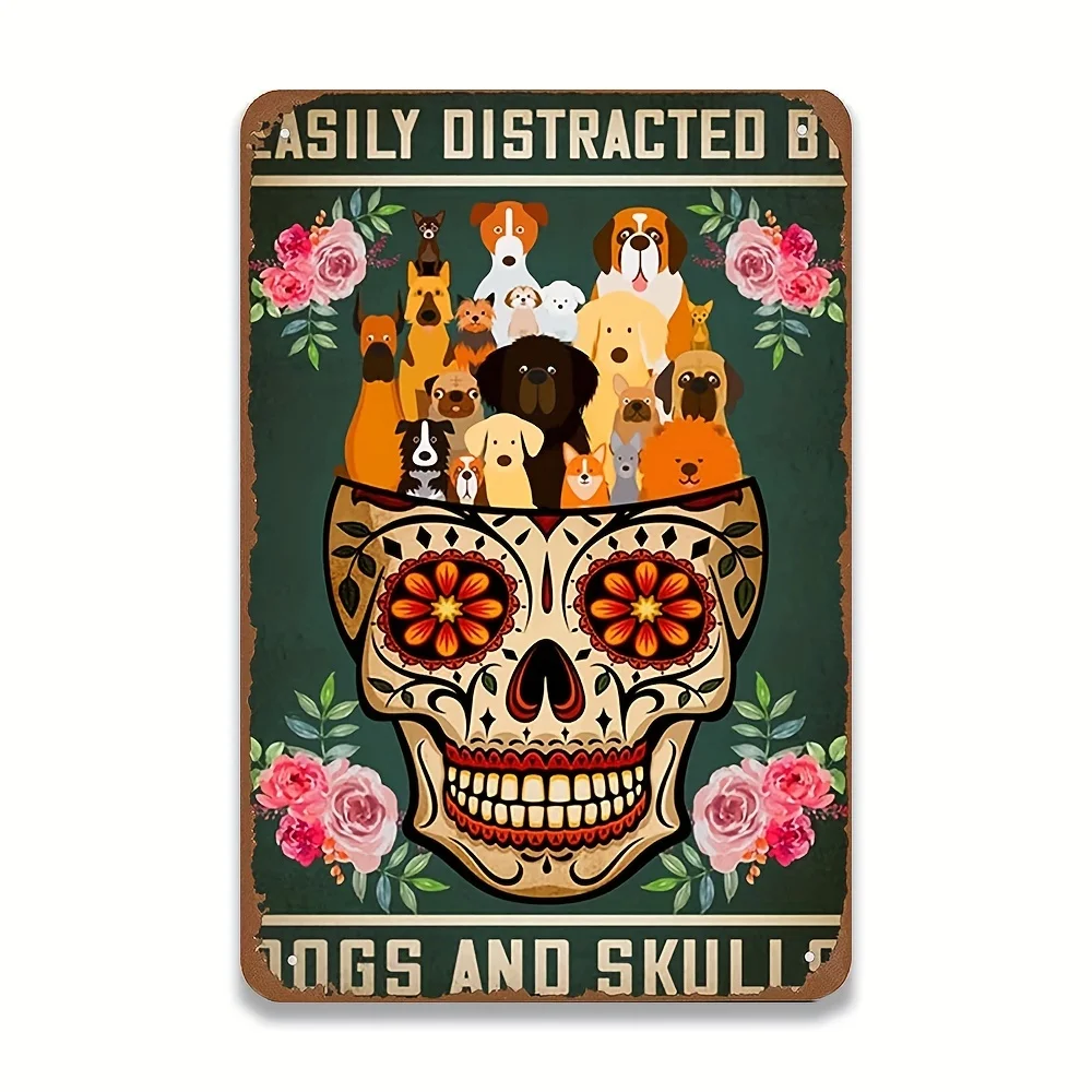 

8x12 Inches Halloween Tin Sign Dog and Skull Wall Art Tin Sign Skull Art Poster Sugar Skull Wall Decor Distraction Retro Sign