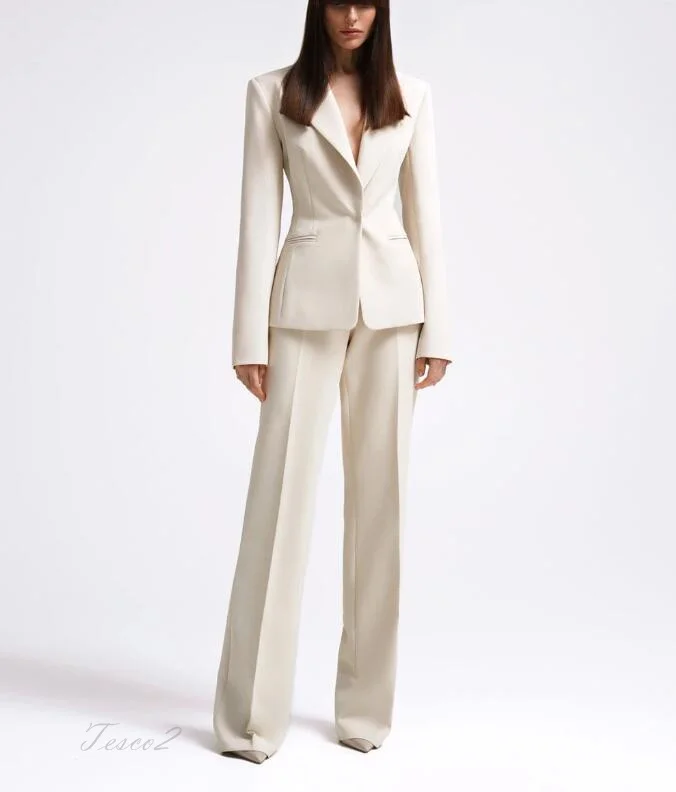 Tesco Stylish Women's Suits White Blazer Wide Leg Pants Sets For Women 2 Piece Wedding Female Suit conjuntos femininos