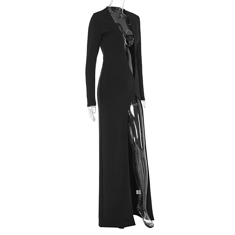 Black V-Neck Hollow Out Maxi Dress Women's Sexy Slim High Split Long Sleeve Party Dress Fashion See-Through Long Dress New