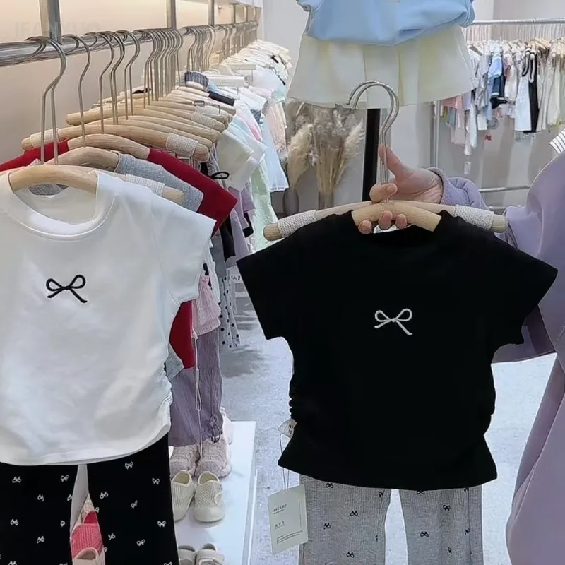 2-12Y Girls' Short Sleeved T-shirt Pure Cotton 2025 Summer New Kids Shirts Korean Children's Baby Embroidery Bow Slim Fit Tops 4