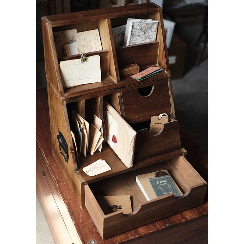 アンティーク折りたたみ式木製チェストボックス、引き出し仕切り、金属