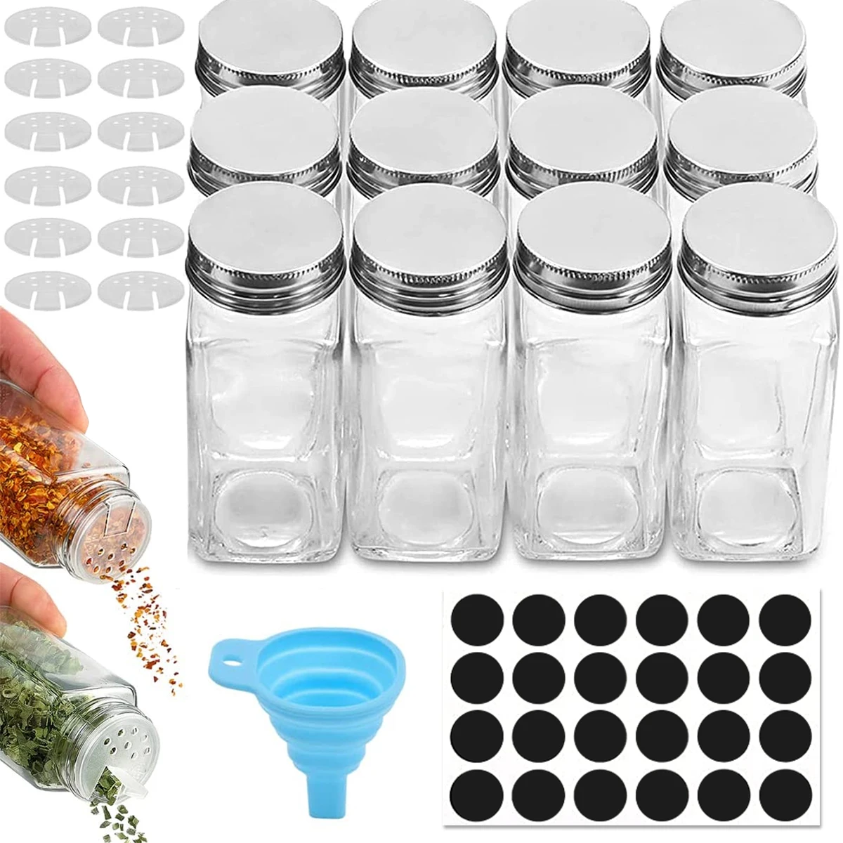  AOZITA 24 Pcs Glass Spice Jars with Labels - 4oz Empty Square  Spice Bottles Containers, Condiment Pot - Shaker Lids and Airtight Metal  Caps - Silicone Collapsible Funnel Included: Home & Kitchen