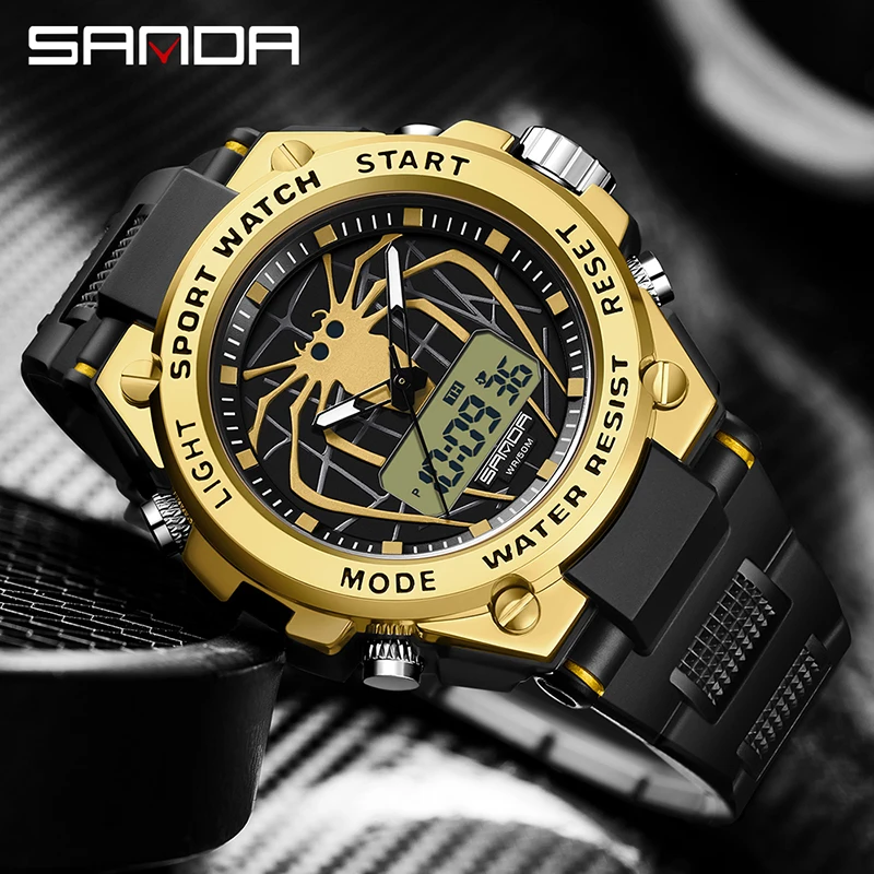 SANDA Men 2023 New Dual Display Watch Luxury Gold Plated Case Sports Watch Multifunction Military Watch Luminous LED Waterproof