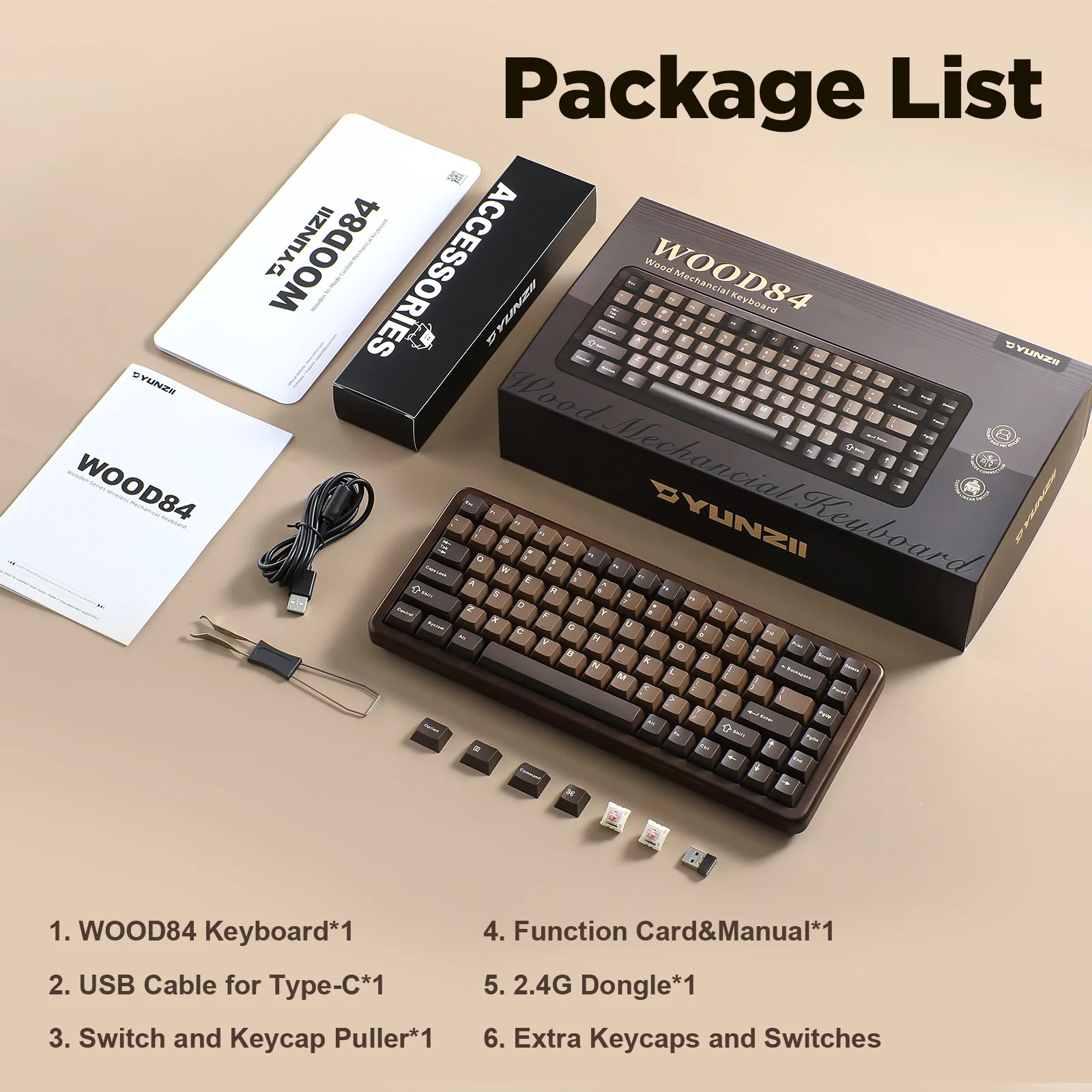 YUNZII WOOD84 무선 기계식 키보드, 75% 월넛 RGB 백라이트 목재 키보드, Mac/Win용 트레이 마운트 핫스왑 PBT 키캡