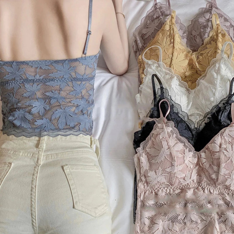 2021 Female Summer Crop Tank Top Women Fashion Deep V Lace Bras Embroidery Floral Tank Top Bra Wrapped Chest Camisole Padded Bra