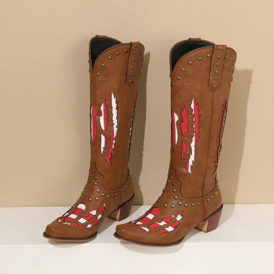 Women's Cowboy Boots Retro Western Boots Mid Calf Rivets Decor Pointed Toe Comfy Chunky Med Heels Shoes 2024 New Plus Size 10.5