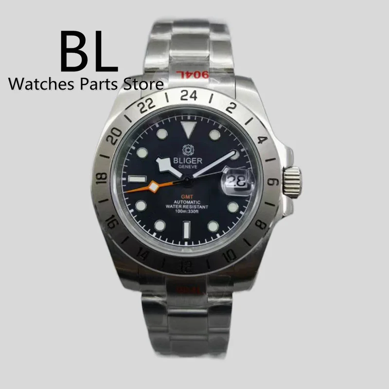 

BLIGER 40mm NH34A GMT Automatic Mechanical Watch For Men Luminous Black Blue White Dial Sapphire Crystal Magnified Date Window