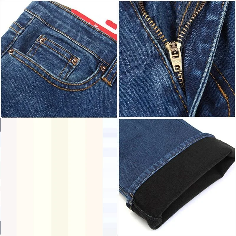 2023 High Quality Men Winter Worm Fleece Black Blue Boot Cut Jeans Business Casual Flare Pants Mid Waist Trousers 4