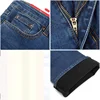2023 High Quality Men Winter Worm Fleece Black Blue Boot Cut Jeans Business Casual Flare Pants Mid Waist Trousers 4