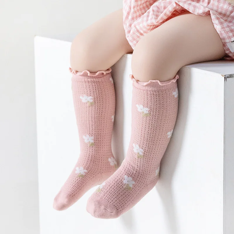 Summer Baby Girls Sock Cartoon Bear Aesthetic Floral Knee High Sock for Toddler Girls Soft Cotton Mesh Breathable Stockings
