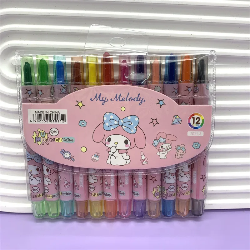 Nuovi 12 colori sanios pastelli Kawaii Hello Kittys Kuromi Melody Cinnamoroll rotante telescopico colorato penna bambini disegno Graffi