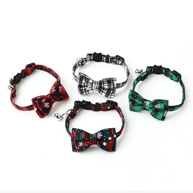 Christmas Bowknot Cat Small Dog Collar with Bell Plaid Snowflake Adjustable Breakaway Pet Puppy Kitten Buckle Necklace 2