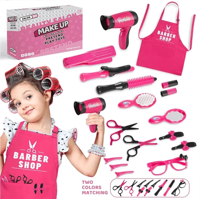 17pcs Girls Beauty Salon Set, Pretend Play Hair Cutting Kit, Hairdresser Toy With Hair Dryer, Scissors, Barber Apron Girl's Gift