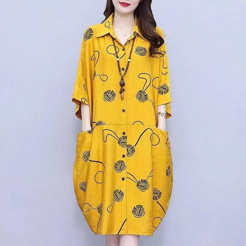 Fashion Lapel Button Pockets Spliced Loose Printed Midi Dress Women's Clothing 2024 Spring New Loose Commuter Casual Dresses
