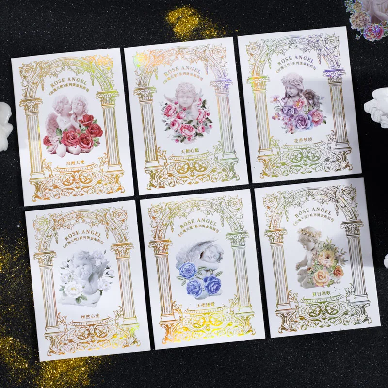 

20 sheets PET stickers retro laser gold flower angel interesting literature DIY material stickers 6 kinds