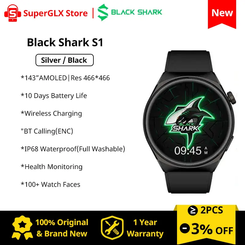 

Original Black Shark S1 Smartwatch 1.43'' AMOLED Screen Health Monitoring Fitness Watch 10 Days Battery Life