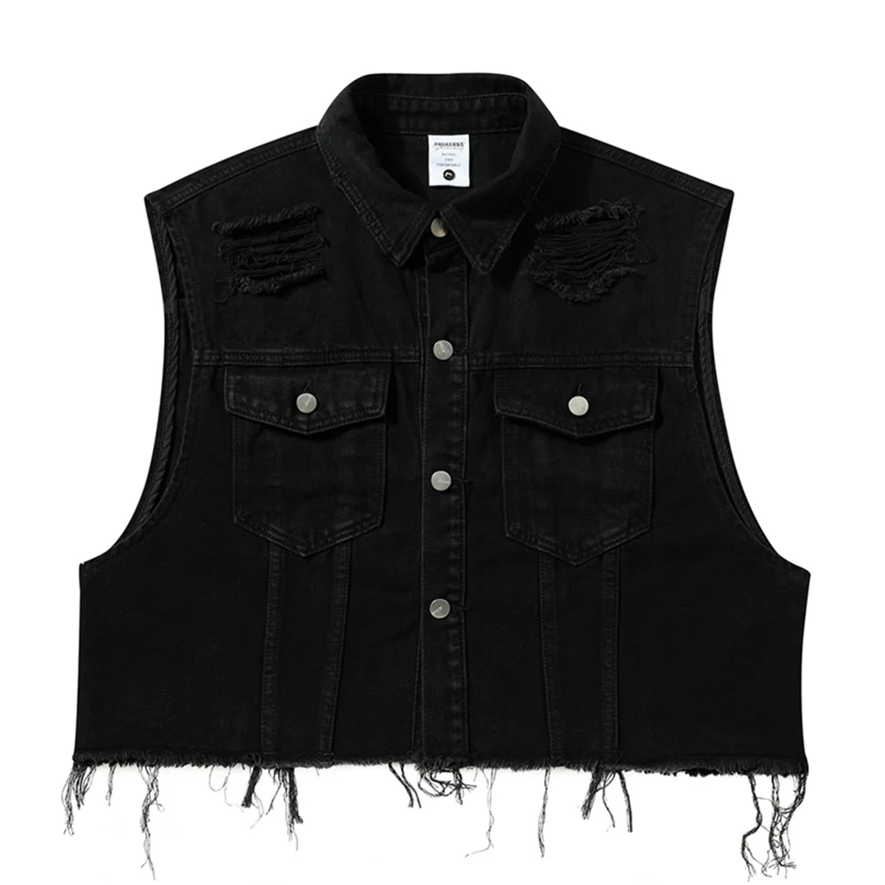 

Tassel Turn-down Collar Short Design Men Women Jacket Spring Fashion Denim Jean Jackets Black