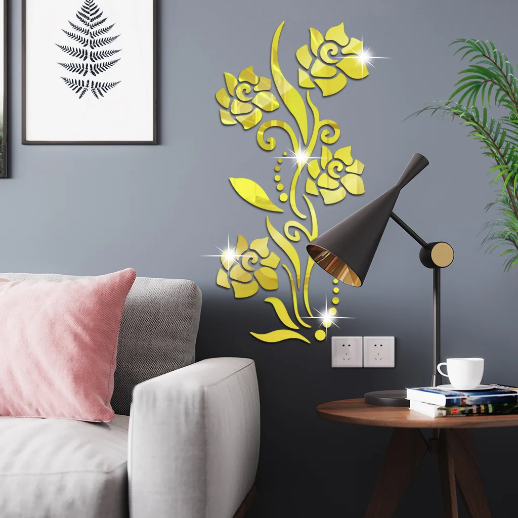 Rose Flower Acrylic Mirror Wall Stickers Living Room Bedroom Wall Decoration Home Decor