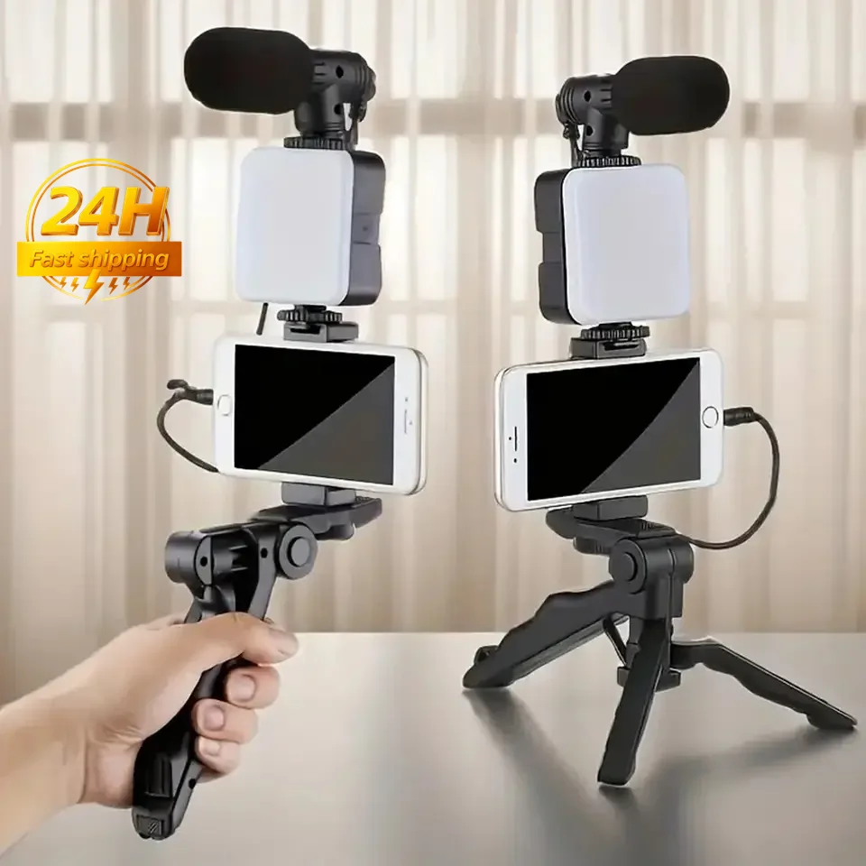 스마트폰 브이로그 키트 (삼각대, 휴대폰 거치대, 미니 마이크, LED 조명 포..