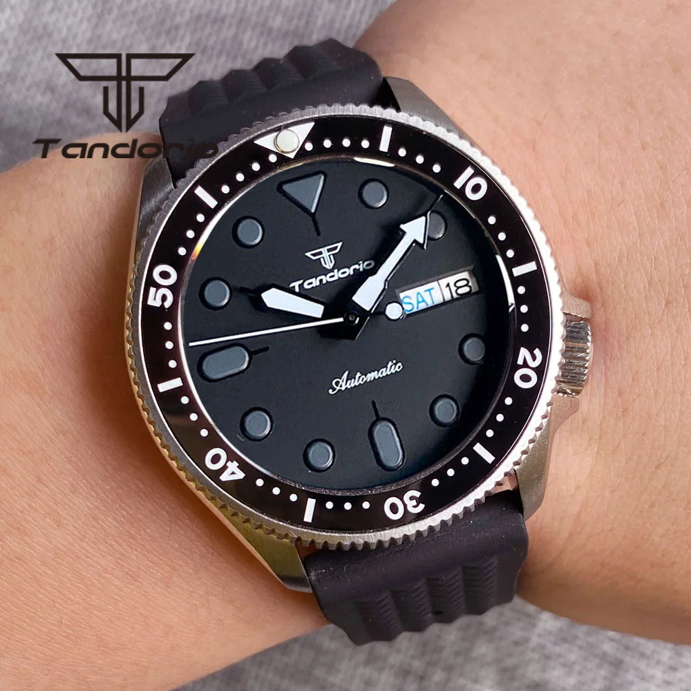 Tandorio NH36A 37mm 200M Automatic Men Ladies Watch Luminous Black Dial Week Date Display Ceramic Rotating Bezel Sapphire Glass tandorio 41mm nh36a 200m men s automatic dive wristwatch 120 clicks rotating bezel sapphire glass week date dial steel bracelet