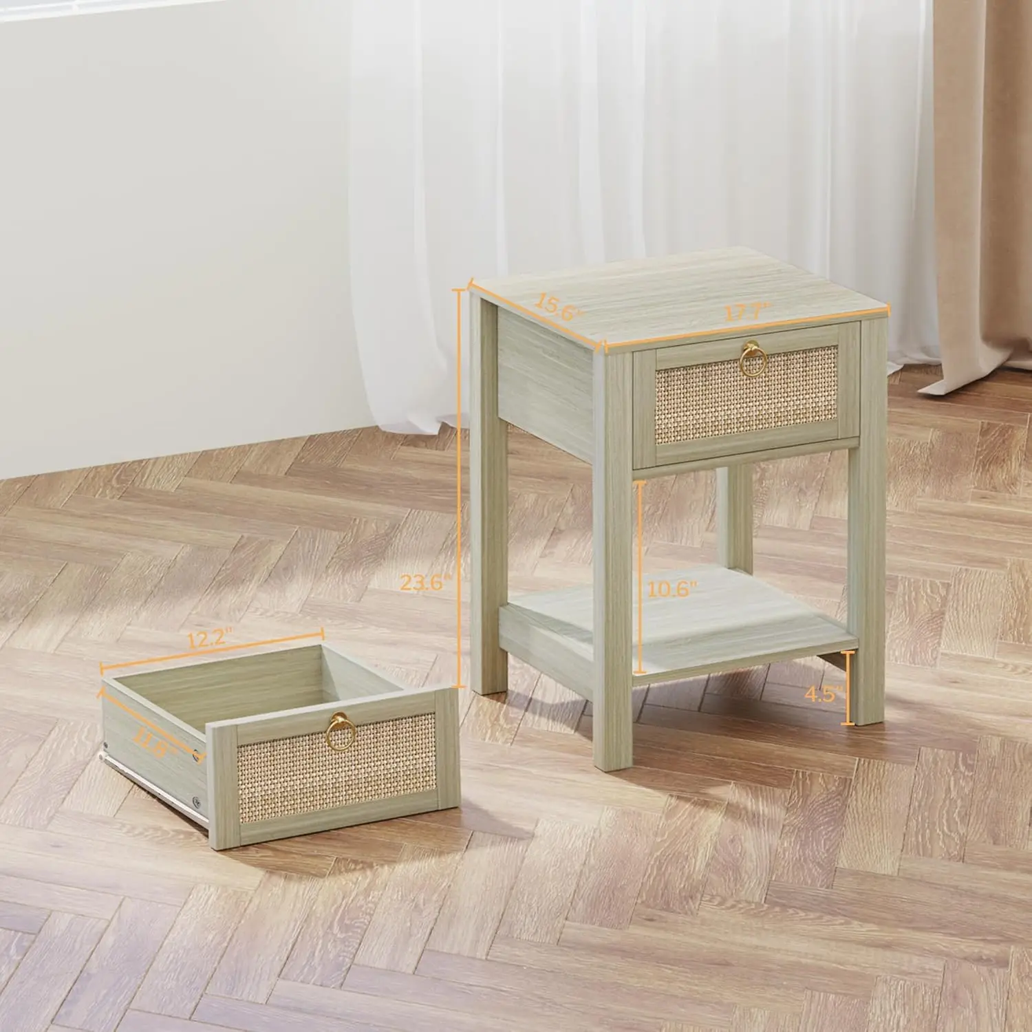 Nightstand Set of 2-Rattan Decor Drawer with Brass Knobs Night Stand Wood Bedside Table End Tables Side Tables