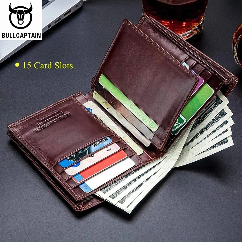 Leather Bifold Wallet Credit Card Holder Mens Wallet Card Holder Wallet 15 Card Slots RFID BULLCAPTAIN