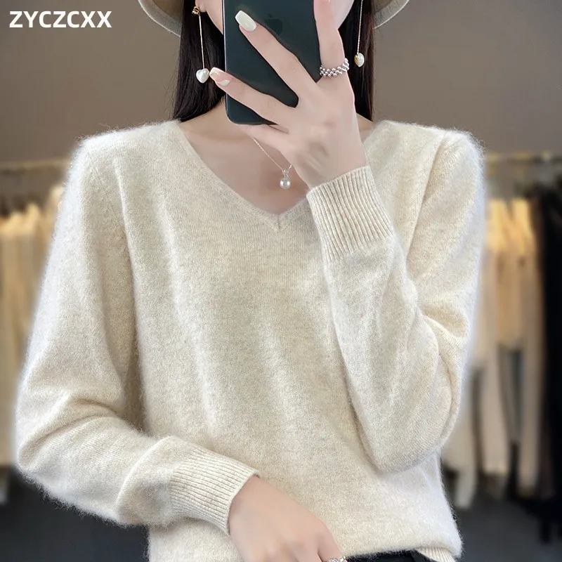 ZYCZCXX 100% 퓨어 밍크 캐시미어 V넥 스웨터 여성용, 따뜻한 두꺼운 솔리드 스웨터, 부드러운 풀오버 재킷, 가을-겨울