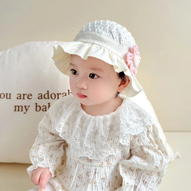 Lace Ruffle Baby Bucket Flower Princess Girl Sunscreen Fisherman Cap Summer Thin Cotton Newborn UV Protection Sun Hat 3-18M 모자 2