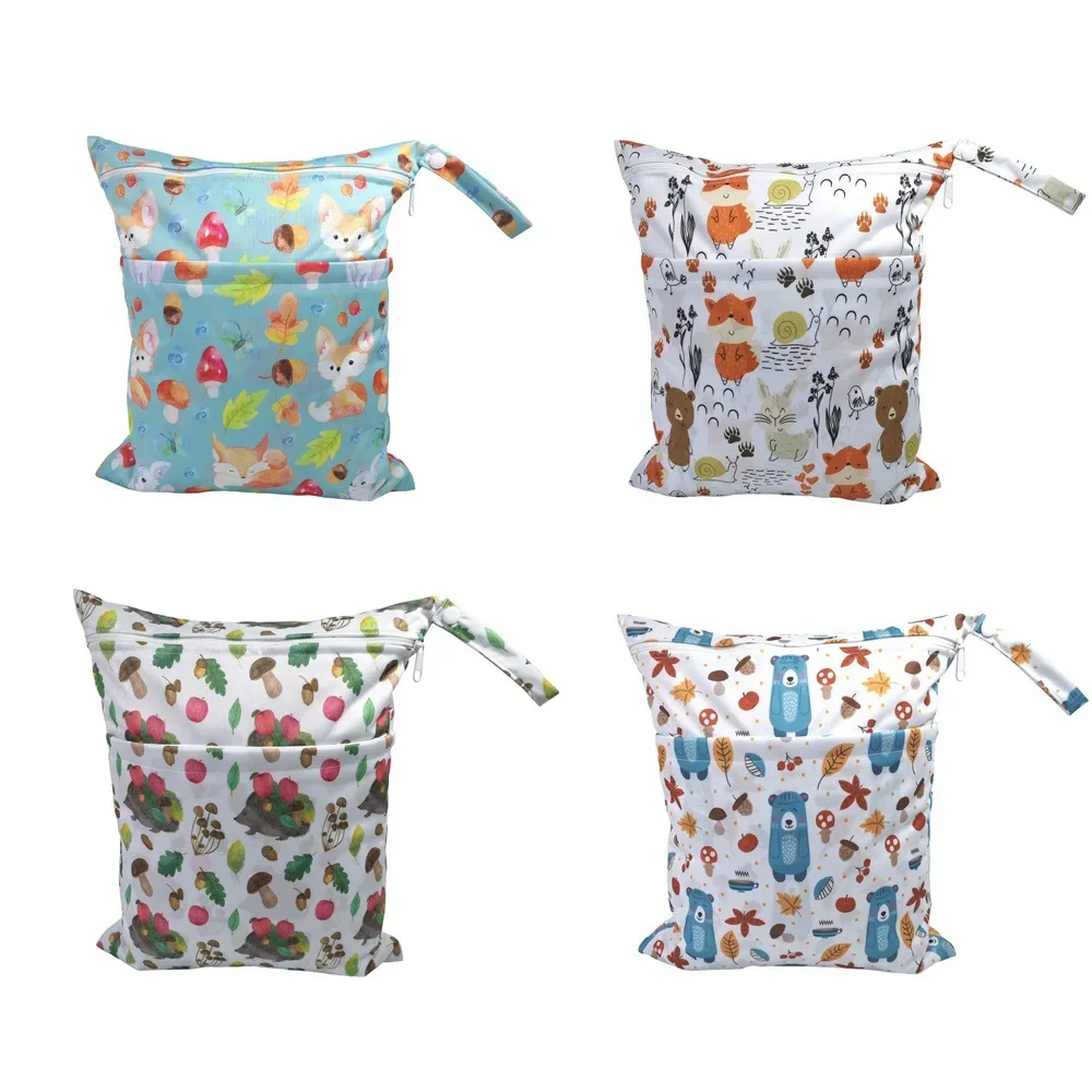 3pcs/set New Cartoon Printed Baby Double Zipper Diaper Bag Washable and Reusable Travel Storage Pouch Stroller Nappy Organizer