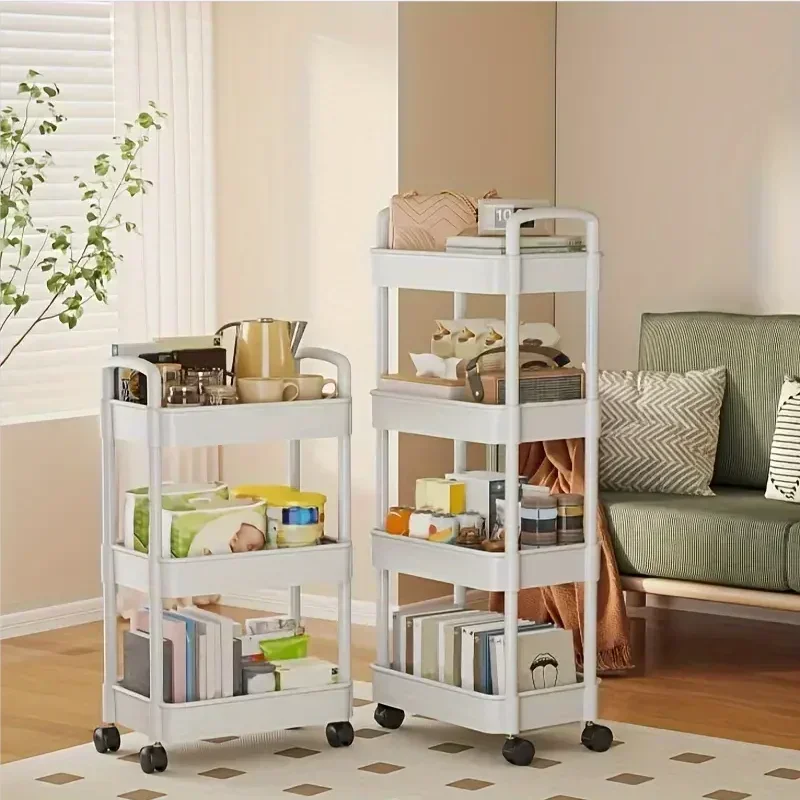 3-4-5-Layer Rolling Plastic Storage Cart with Armrests Space-Efficient Multi-Room Organizer Matte Finish rolling storage cart