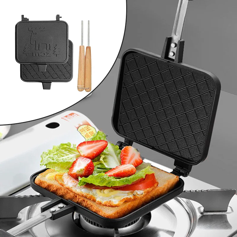 Removable Wooden Handle Sandwich Frying Pan Outdoor Camping Double