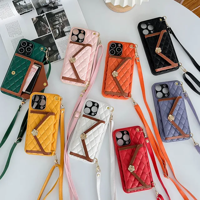  Luxury Crossbody Lanyard Card Holder Wallet Leather case for  iPhone 13 11 pro 12 pro max 14 14pro x xr xs 7 8plus Phone Bag,Auburn,for  iPhone 14 : Cell Phones & Accessories