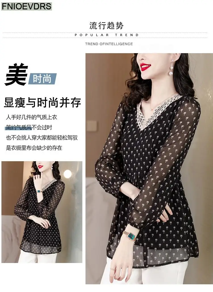 M-5XL 2023 Women European Style Office Lady Long Shirt Patchwork Lace Floral Print Ruffle Belly Black Tunic Peplum Top Blouse