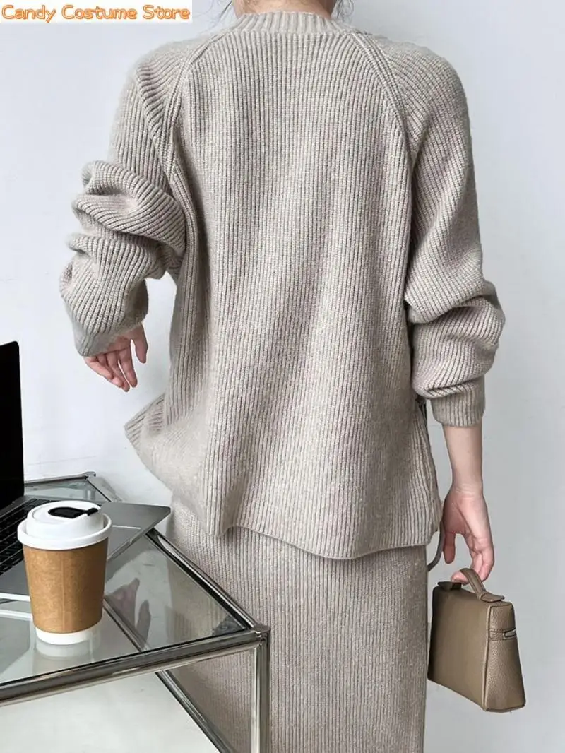 Women Korean Knitted Dress 2 Pieces Sets Knit V-Neck Cardigan Top Dress Set Casual Lazy Commuter Women Clothesnew Autumn Winter