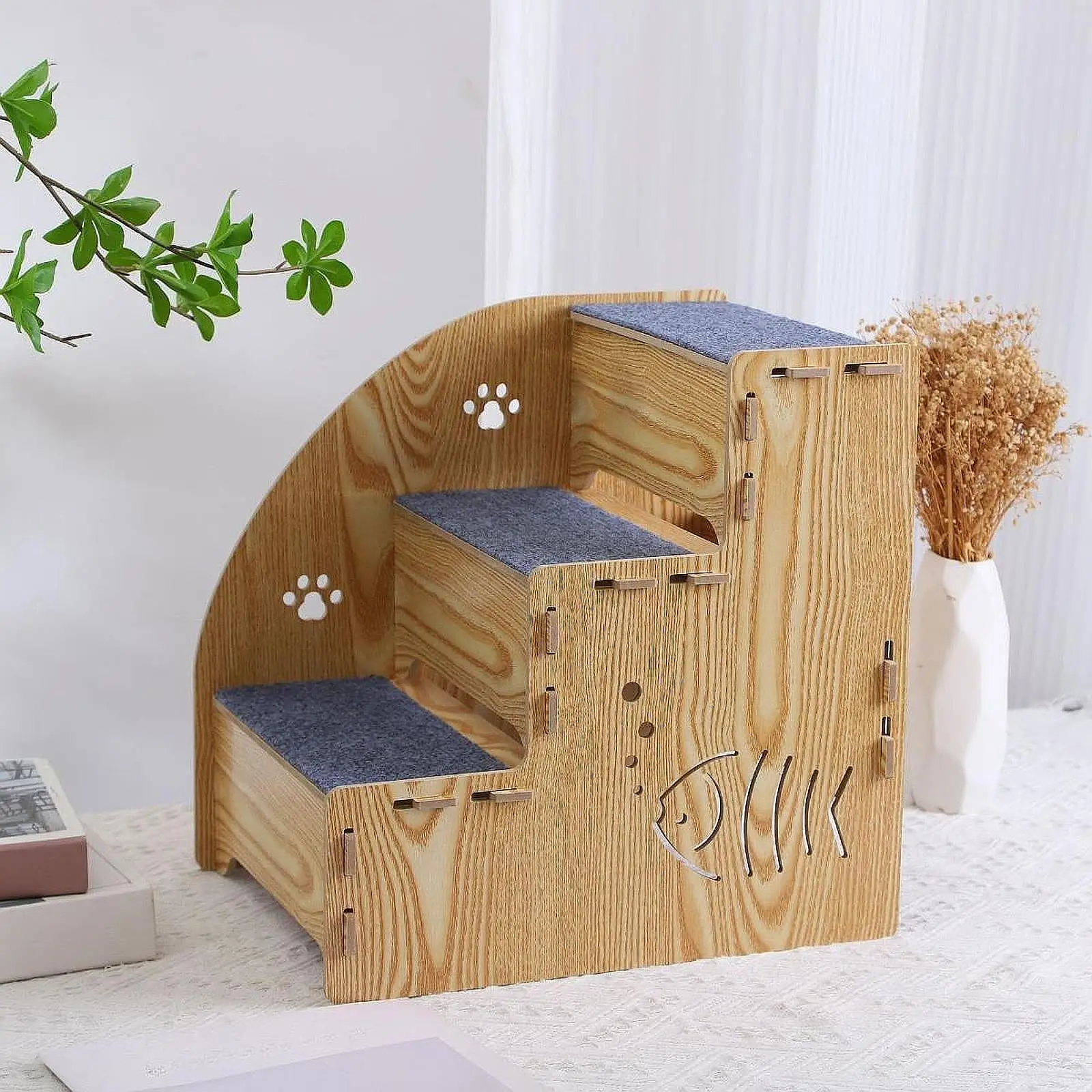 Wood Dog Stair Ladder 3 Steps Nonslip Supplies Dog Climbing Ladder Cat Stairs Pet Stairs Steps for Older Cats Indoor Car Bed