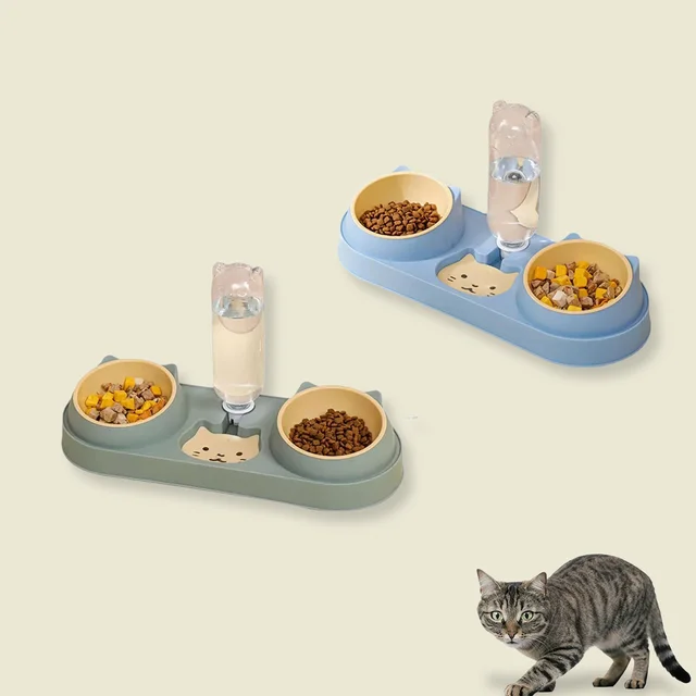3 In 1 Dual-bowl Feeder with Gravity Water Bottle for Multi-pet Household Integrated Design Easy to Clean Cat Bowl for Puppy Cat