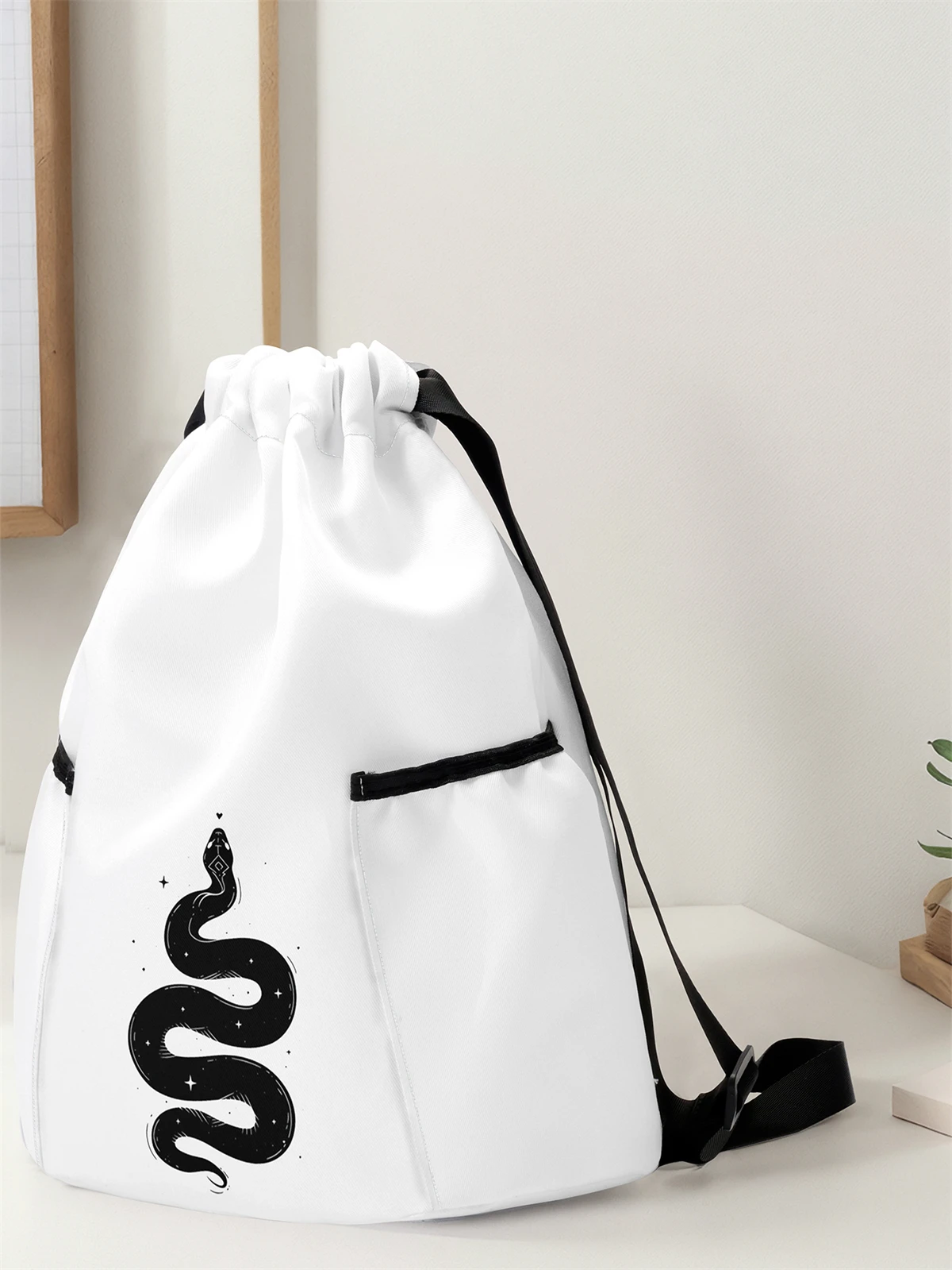 Snake Pattern Drawstring Backpack - Large Capacity Durable Fitness Bag, Adjustable Shoulder Strap, Sports Beach Backpack