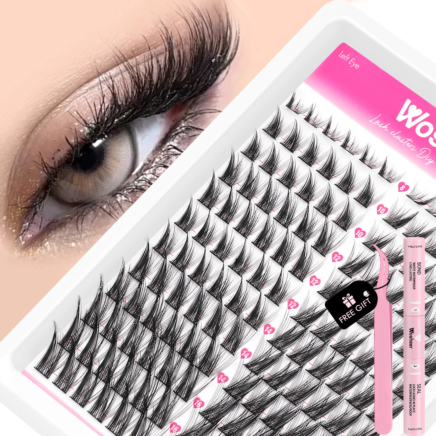 WOSHEER DIY Lash Extension Kit Individual Lashes Cluster Mix Cat Eye Lashes Extension Kit with Bond & Seal