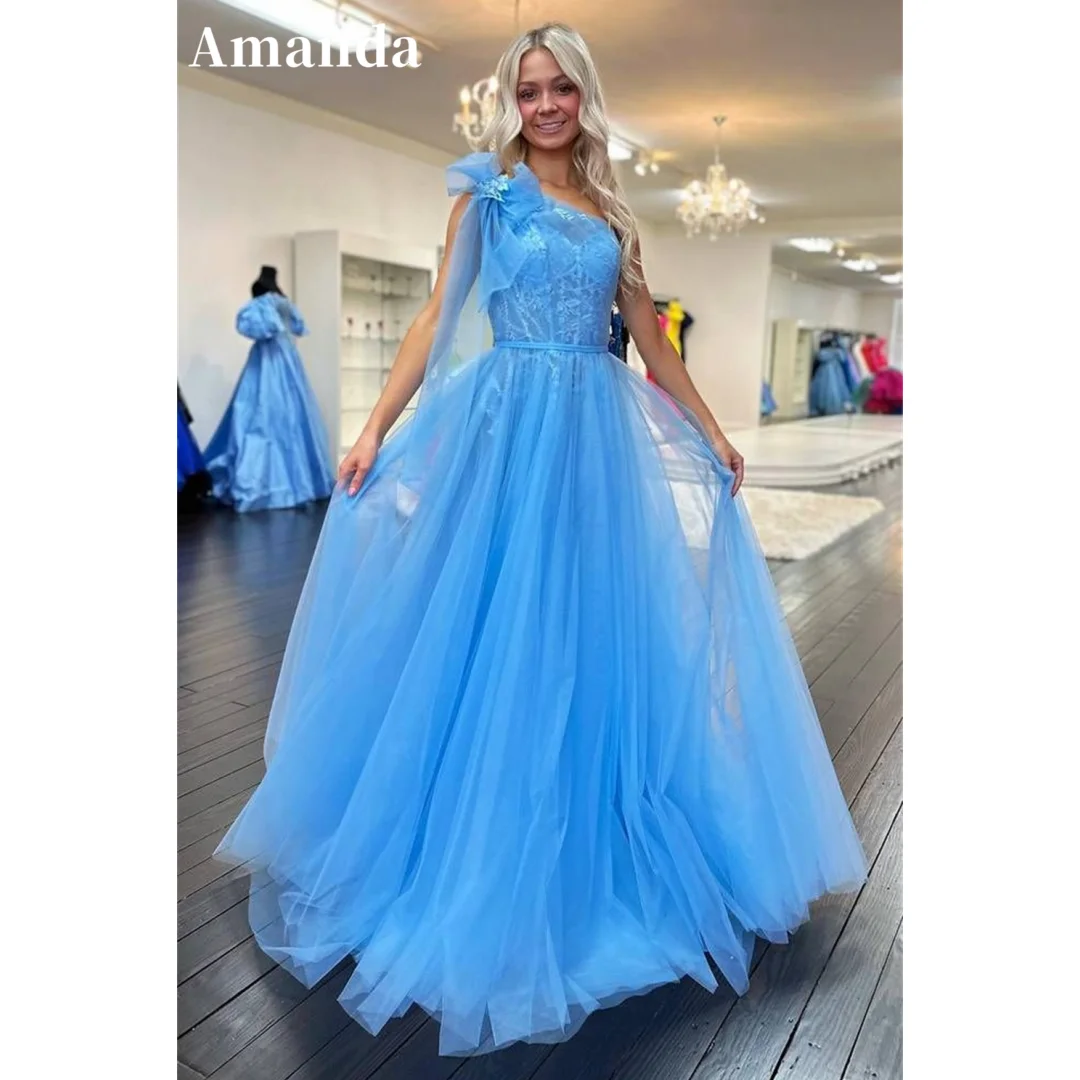 

Amanda Sky Blue Tulle vestidos de noche One Shoulder A-line Prom Dresses Elegant Sleeveless Floor-Length Formal Evening 2024