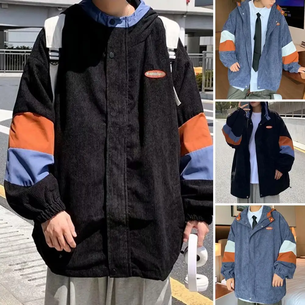 

Corduroy Hooded Jacket Colorblock Hooded Zipper Closure Men's Spring Fall Coat Streetwear Sport Baseball Jacket with Long Sleeve