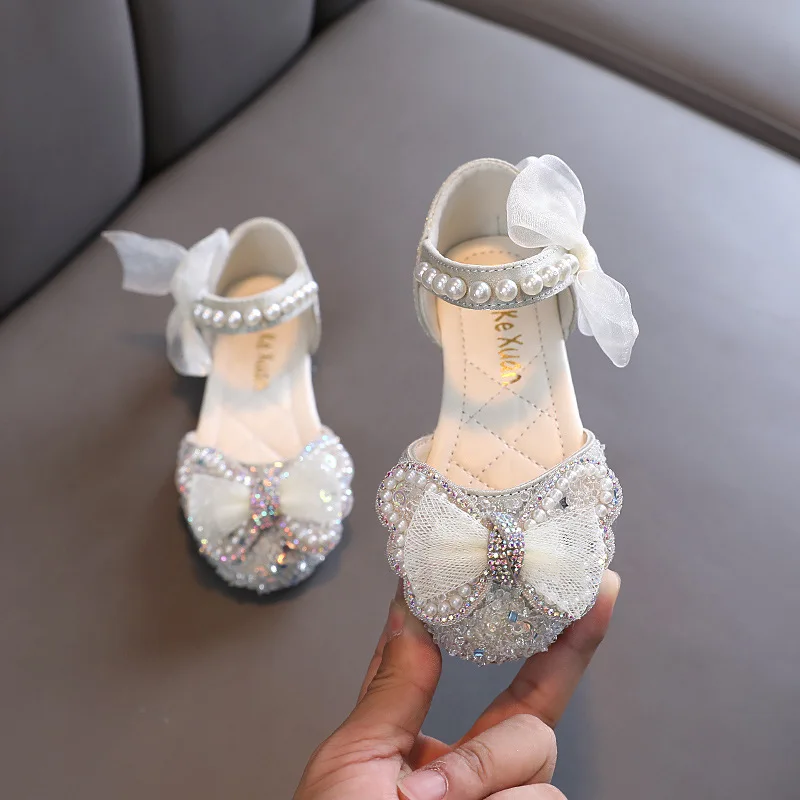 

Girls Sandals Fashion Sequins Pearl Bow Kid's Sandals Summer New Children Princess Shoes Flat Non-slip Soft Shoes