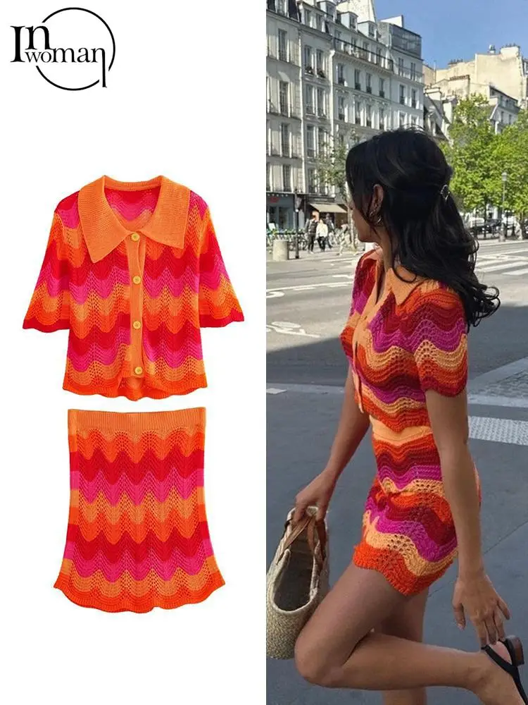 

Женский комплект из 2 предметов Inwoman, оранжевый вязаный комплект с топом на пуговицах и мини-юбкой, пляжный костюм для отпуска в полоску с эластичным поясом, лето 2023